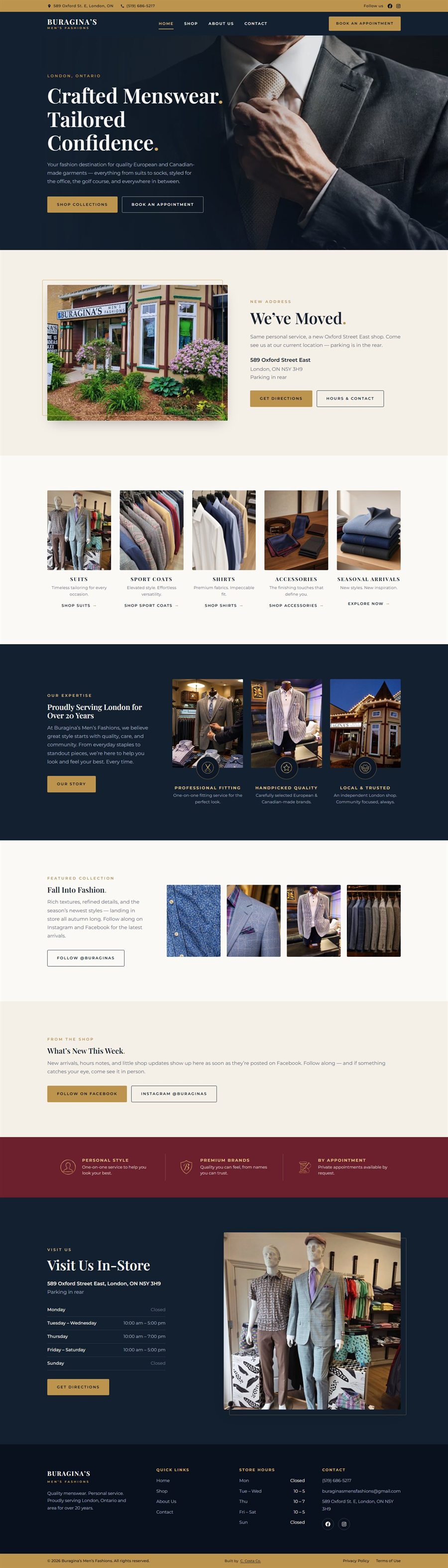 The new Buragina's Men's Fashions homepage: a custom design built around in-store photography