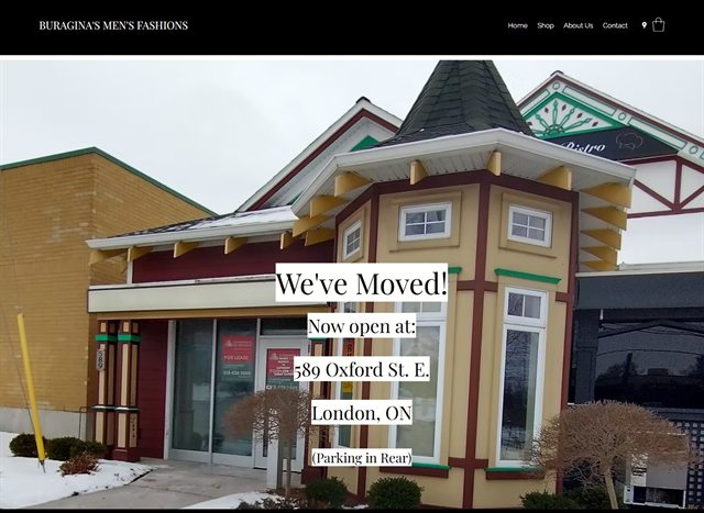 The old Buragina's website: a Wix template with a We've Moved overlay on the homepage
