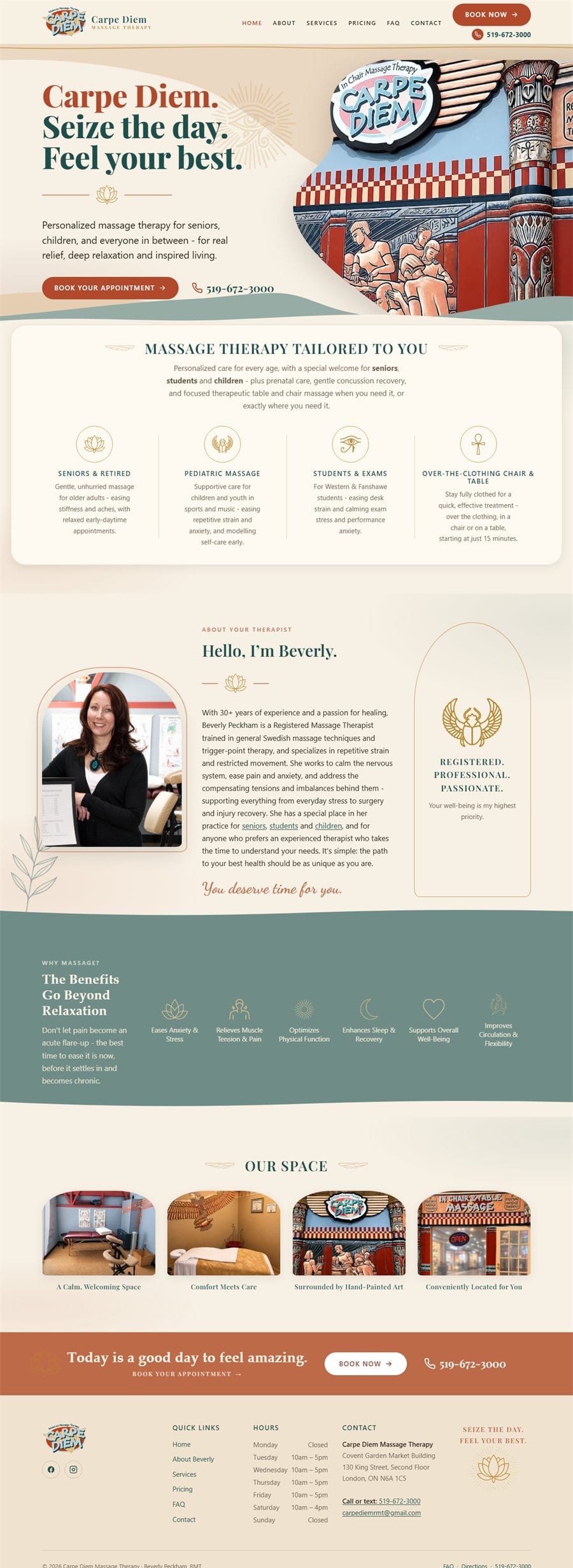 The new Carpe Diem Massage Therapy homepage: a custom design built around the clinic's hand-painted murals