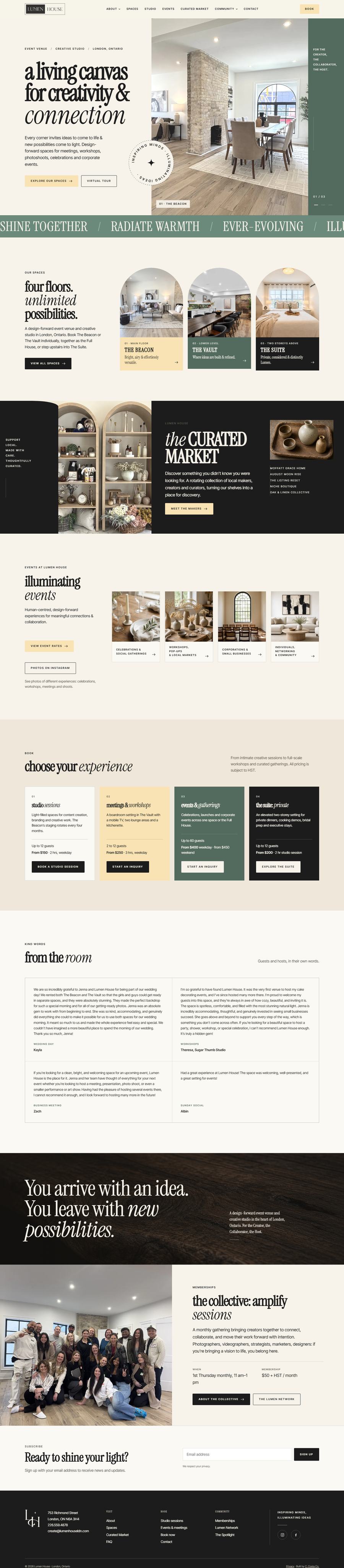 The new Lumen House homepage: a custom design built around photography of The Beacon, The Vault and The Suite