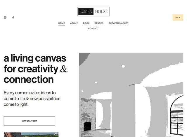 The old Lumen House website: a Squarespace template opening on a posterized graphic of The Beacon